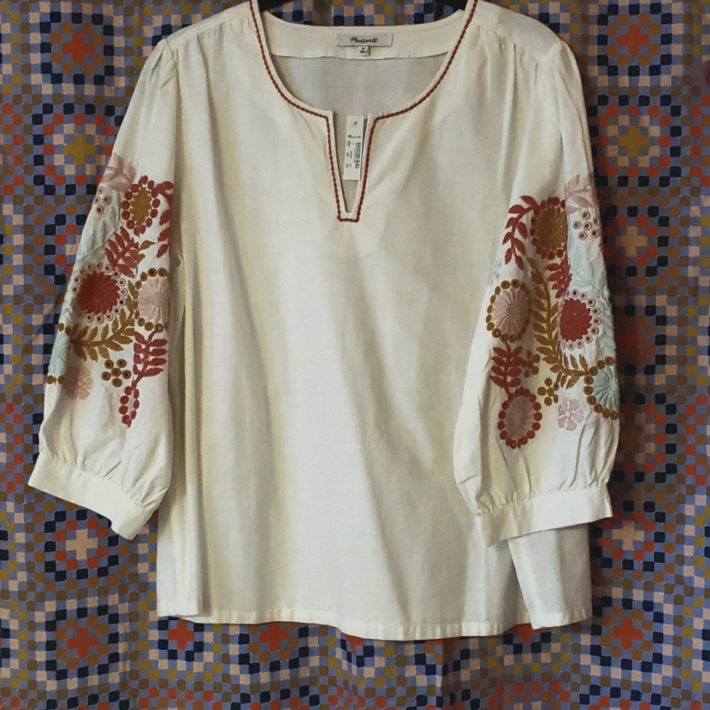 Madewell Cream Tunic with Embroidered Puff Sleeves Sz M NWT - Picture 2 of 4